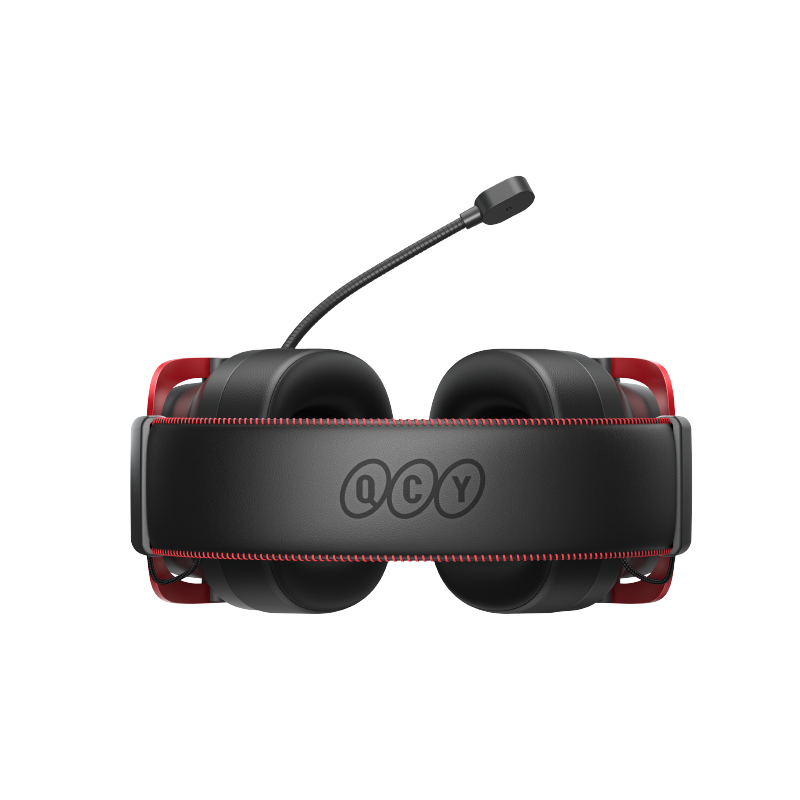 Auriculares para juegos QCY Heroad VT200 Edición Tri-Mode con micrófono y acentos rojos, negro y rojo, vista frontal