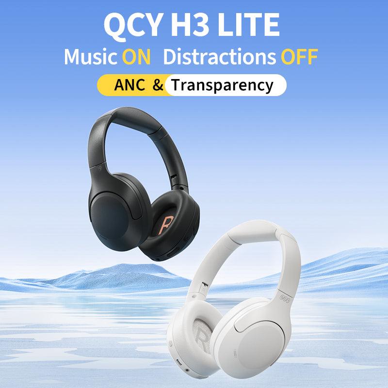 Auriculares negros QCY H3 Lite con ANC y modo transparencia, mostrados junto a una versión blanca sobre fondo azul.