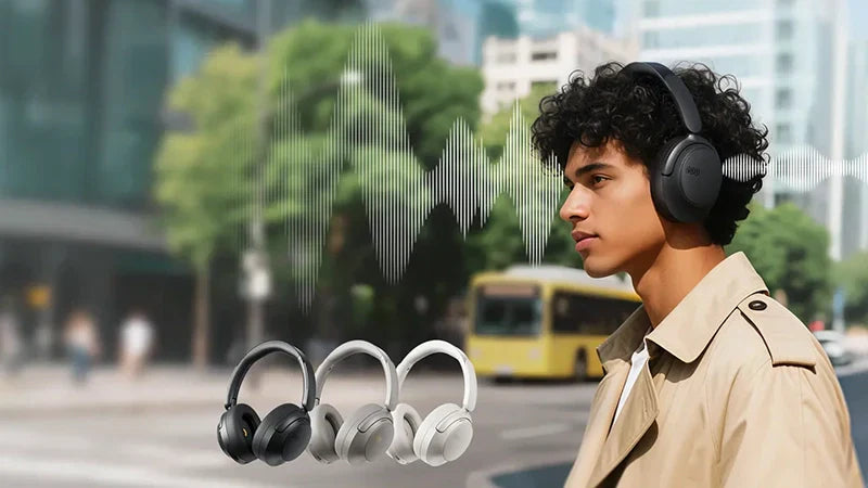 Junger Mann mit Noise-Cancelling-Kopfhörern in der Stadt – Dynamisch, Balanced Armature, Hybrid & Dual Dynamic Treiber im Ver