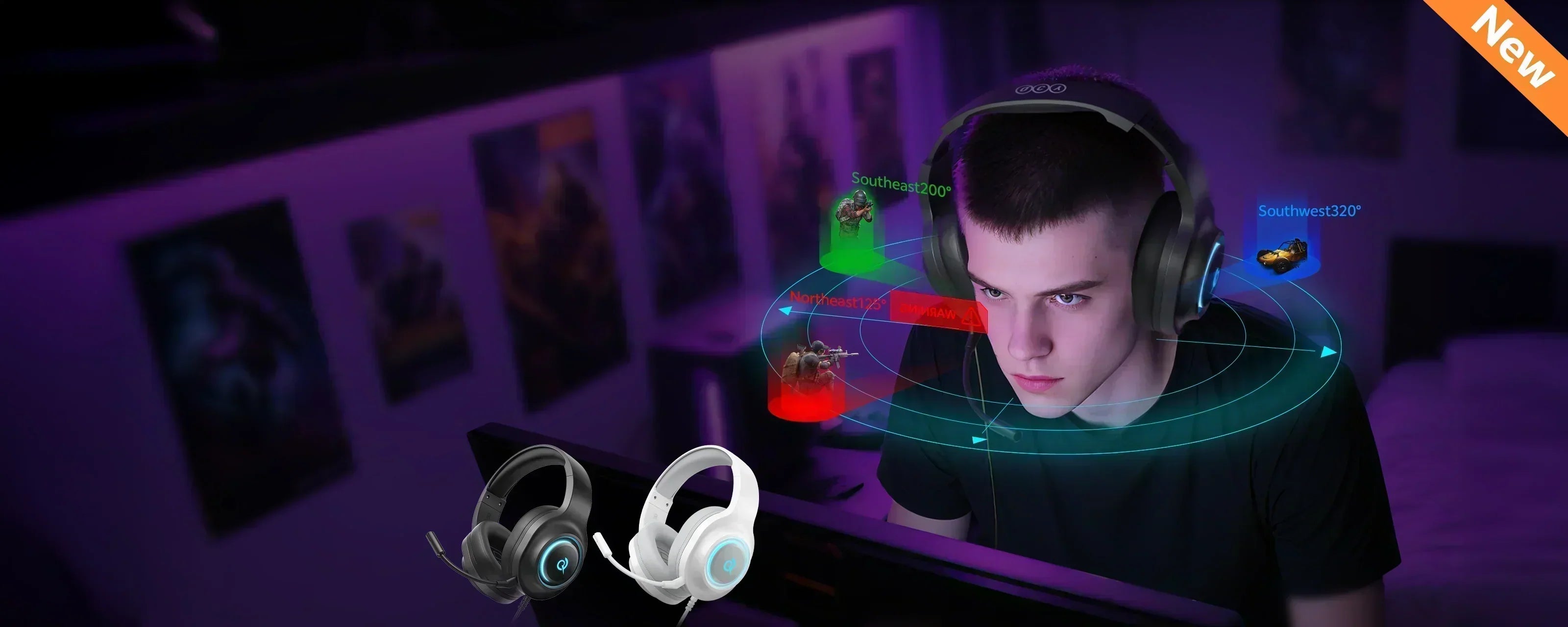 QCY Heroad V200 Gaming-Headset mit 3D-Sound für immersives Spielerlebnis, schwarz und weiß, neuer Trend.