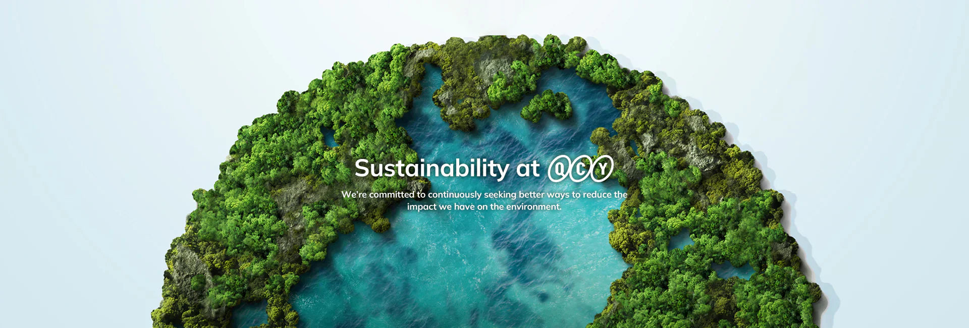 Nachhaltigkeit bei QCY: Grüne Insel mit klarem Wasser symbolisiert umweltfreundliches Engagement und Design.