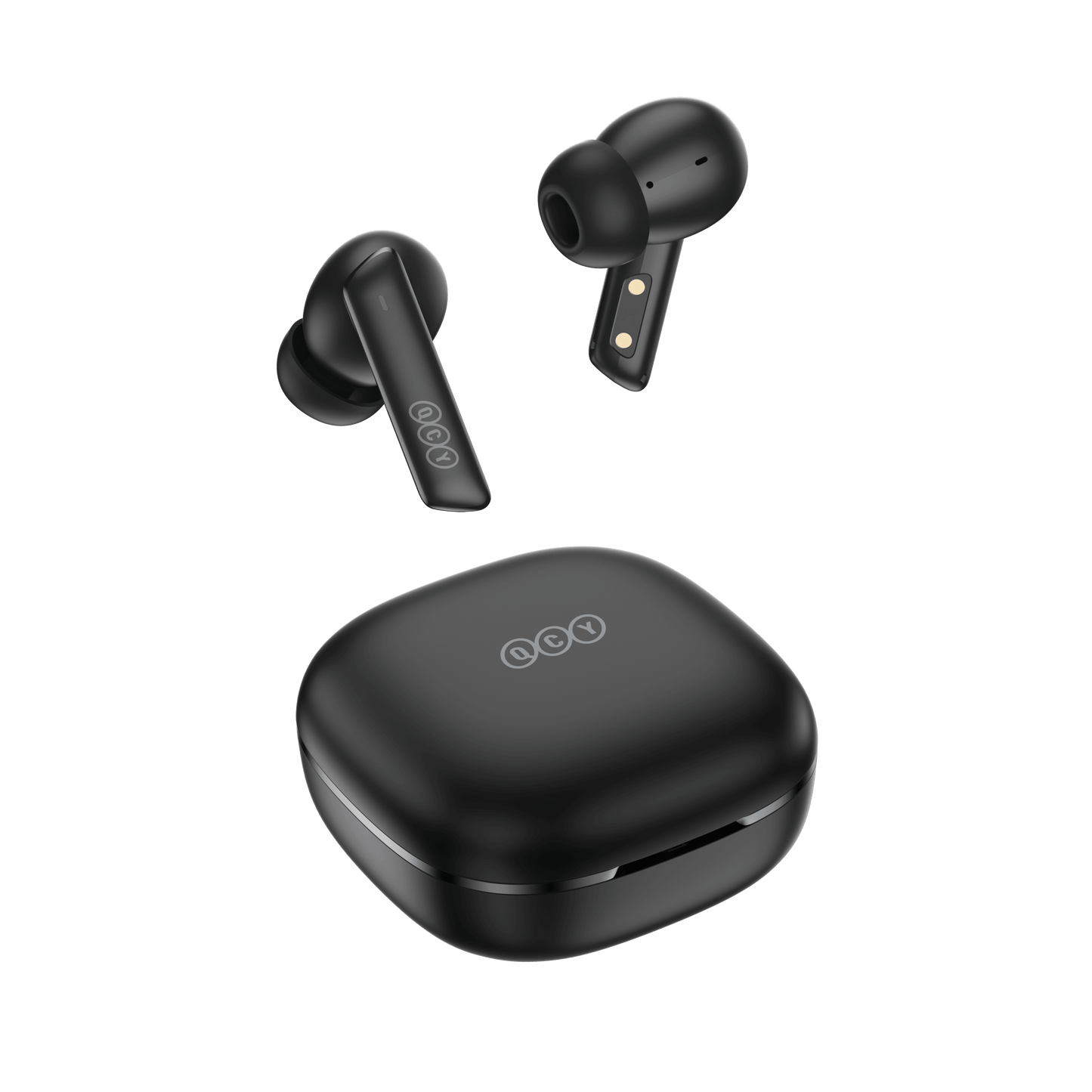 Auriculares QCY MeloBuds ANC negros con estuche de carga, diseño elegante sobre fondo blanco.
