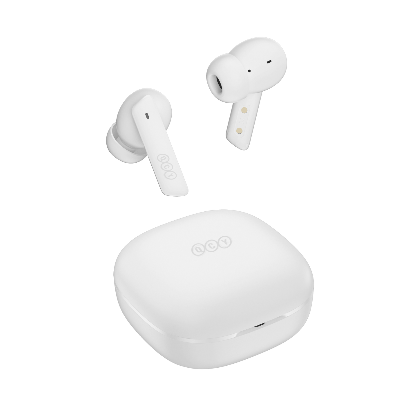 Auriculares QCY MeloBuds ANC blancos con estuche de carga, diseño elegante sobre fondo blanco.