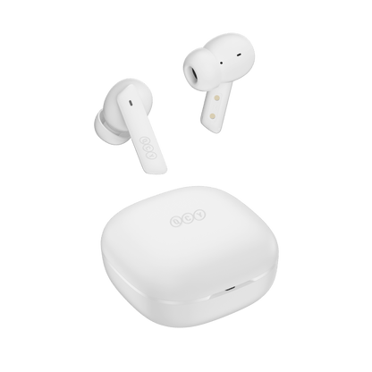 Auriculares QCY MeloBuds ANC blancos con estuche de carga, diseño elegante sobre fondo blanco.