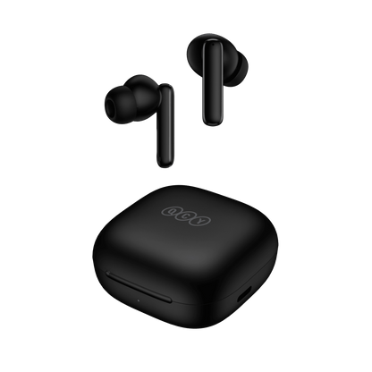Black QCY T13 ANC earbuds floating above charging case, front-angled view showing sleek design and LED indicator