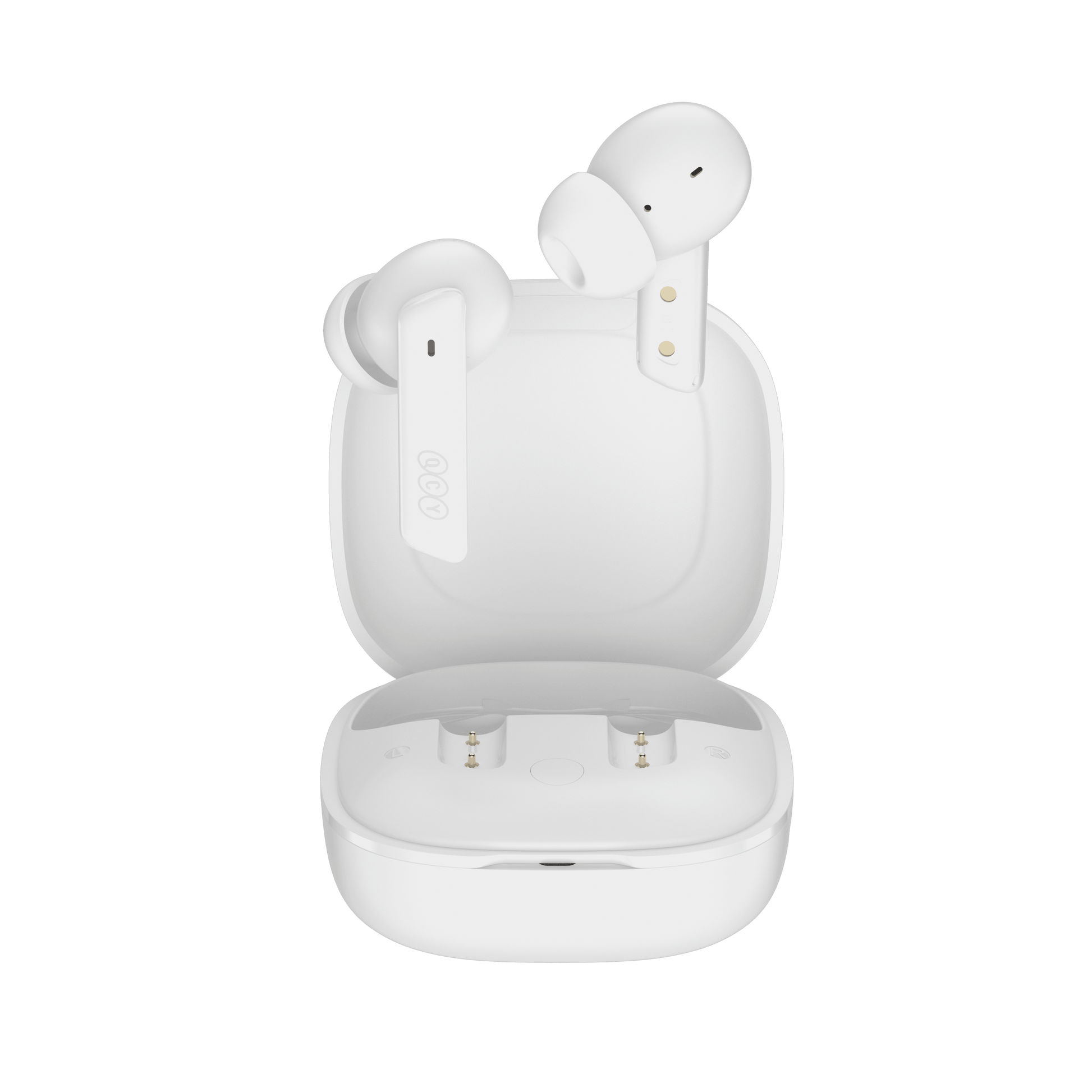 Auriculares QCY MeloBuds ANC blancos con estuche de carga abierto, diseño elegante sobre fondo blanco.