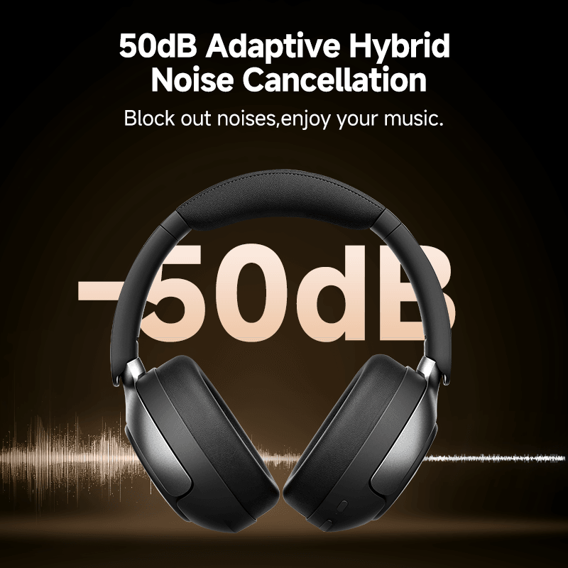 Auriculares QCY H3 Pro negros con cancelación de ruido híbrida adaptativa de 50dB, que bloquea los sonidos ambientales para una mejor experiencia musical.