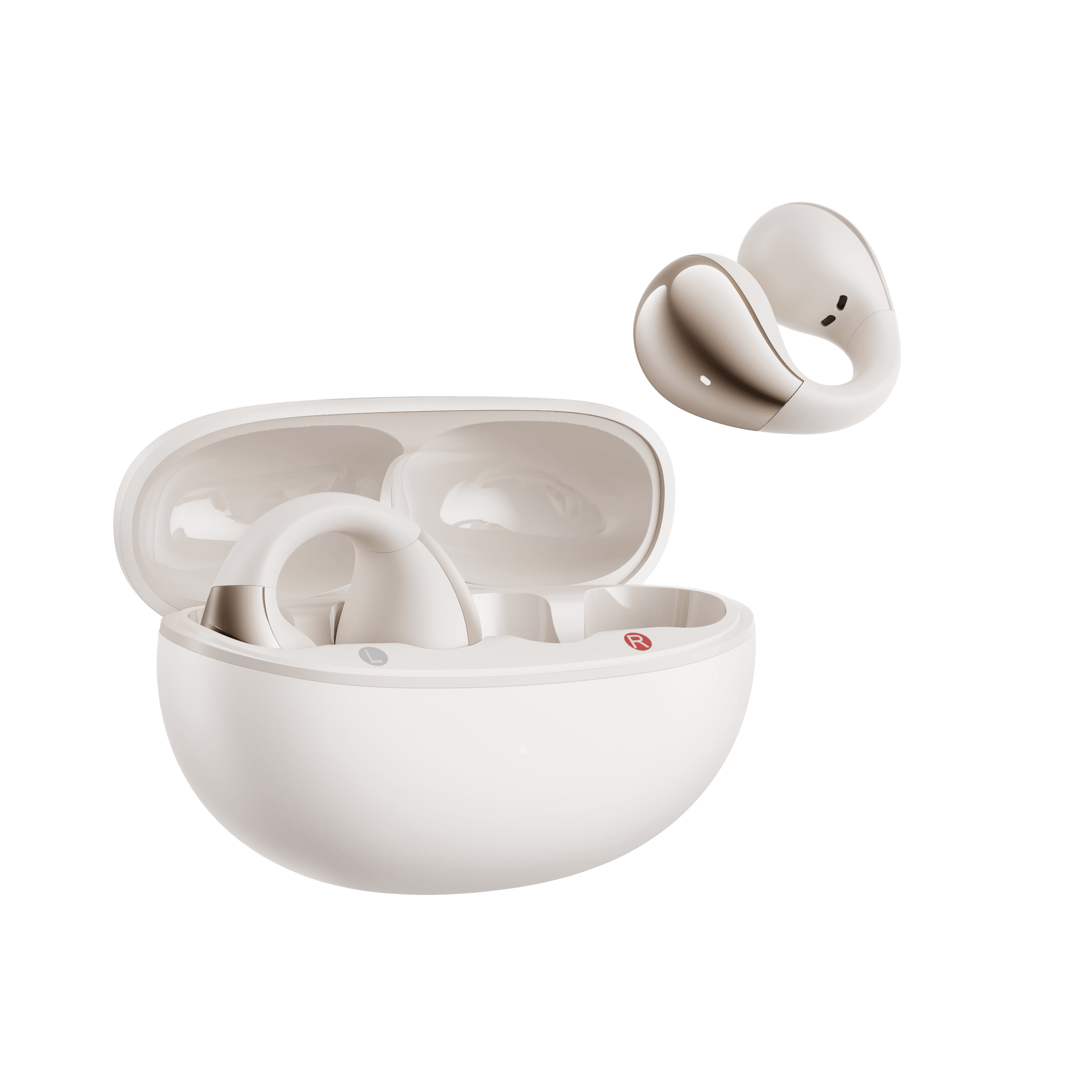 White QCY Crossky C30 with open case and floating earbud showing ergonomic design on light background.