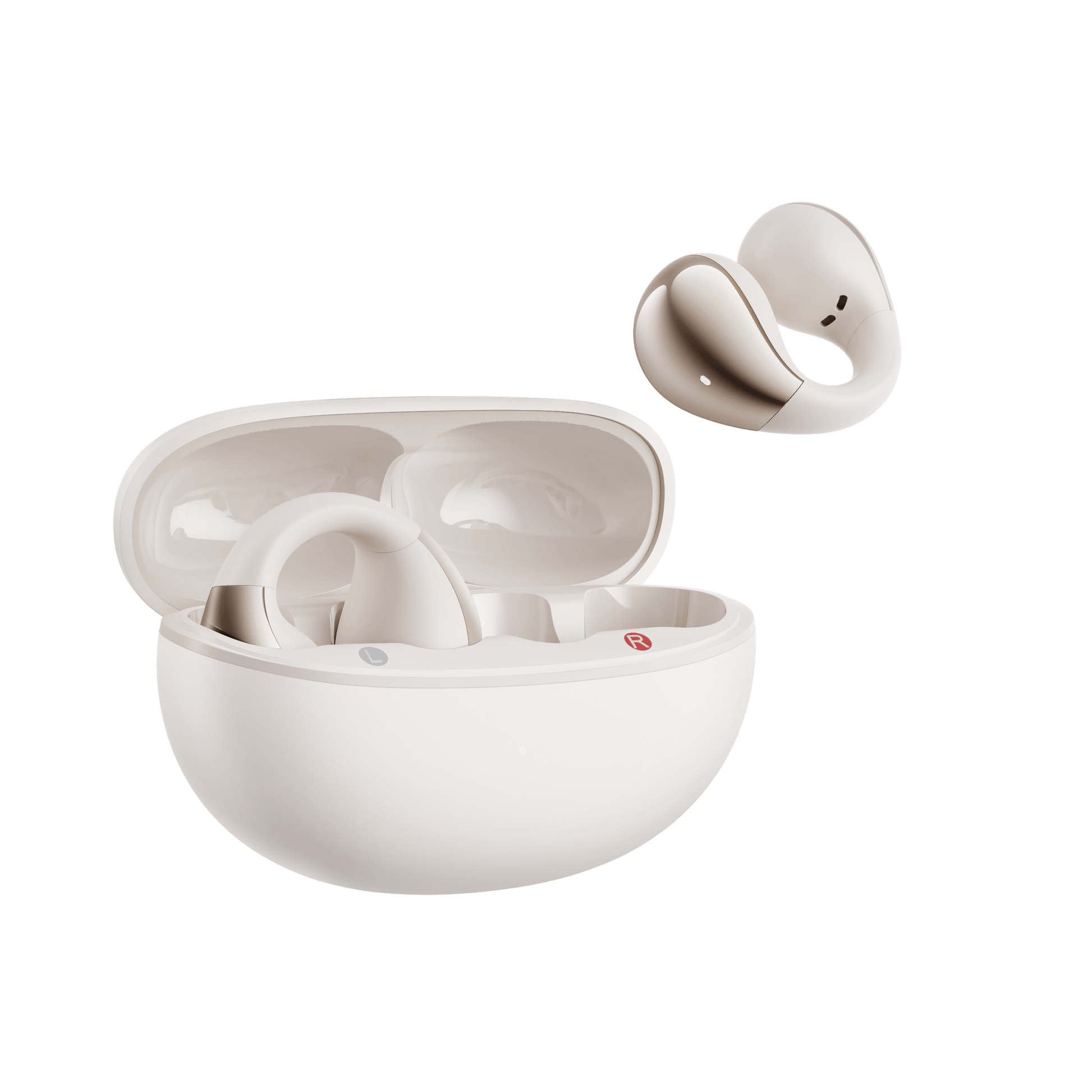 White QCY Crossky C30 with open case and floating earbud showing ergonomic design on light background.