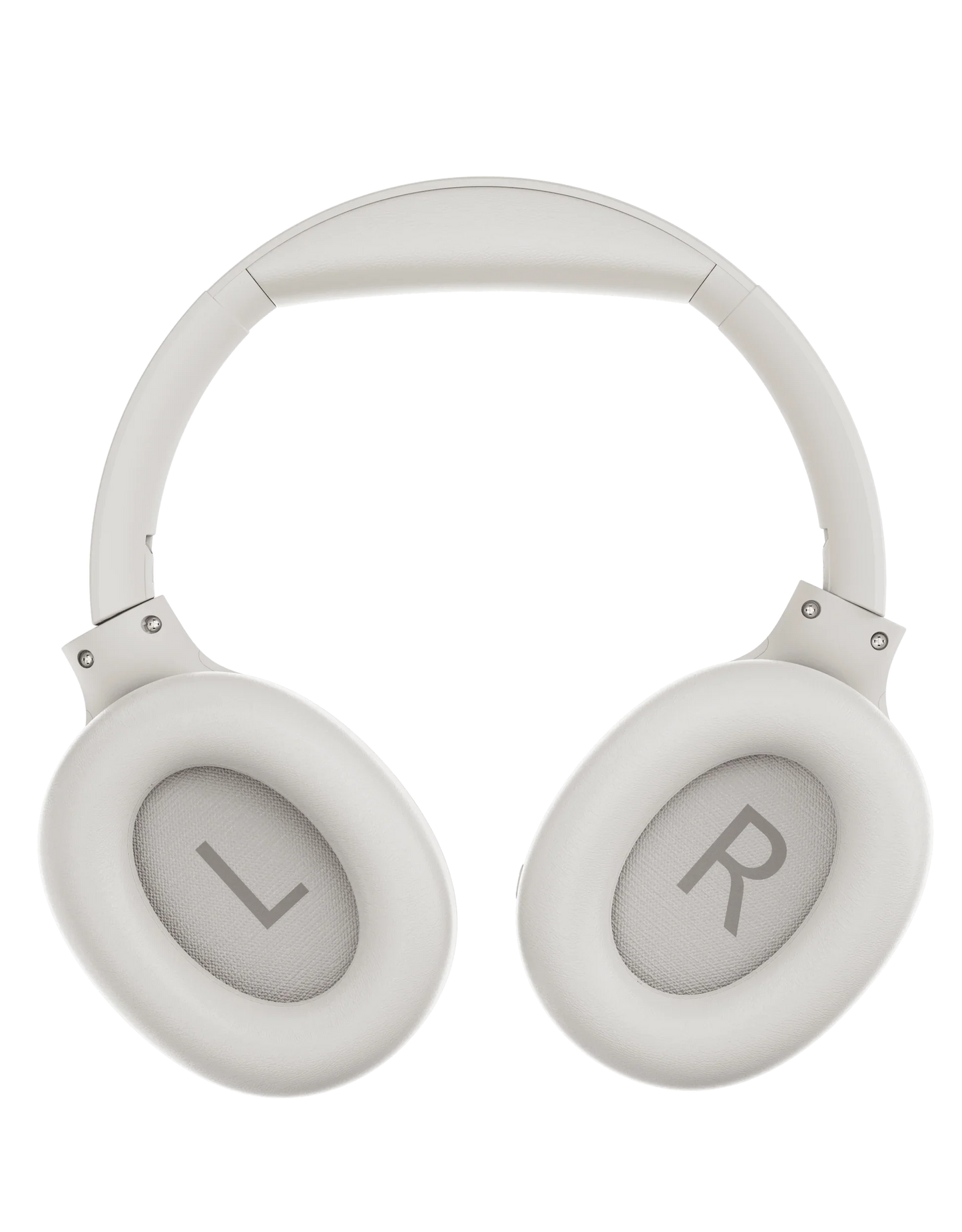 Auriculares inalámbricos QCY H3 Over-Ear blancos, vista frontal directa con el logo L/R en las almohadillas.