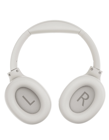 Auriculares inalámbricos QCY H3 Over-Ear blancos, vista frontal directa con el logo L/R en las almohadillas.