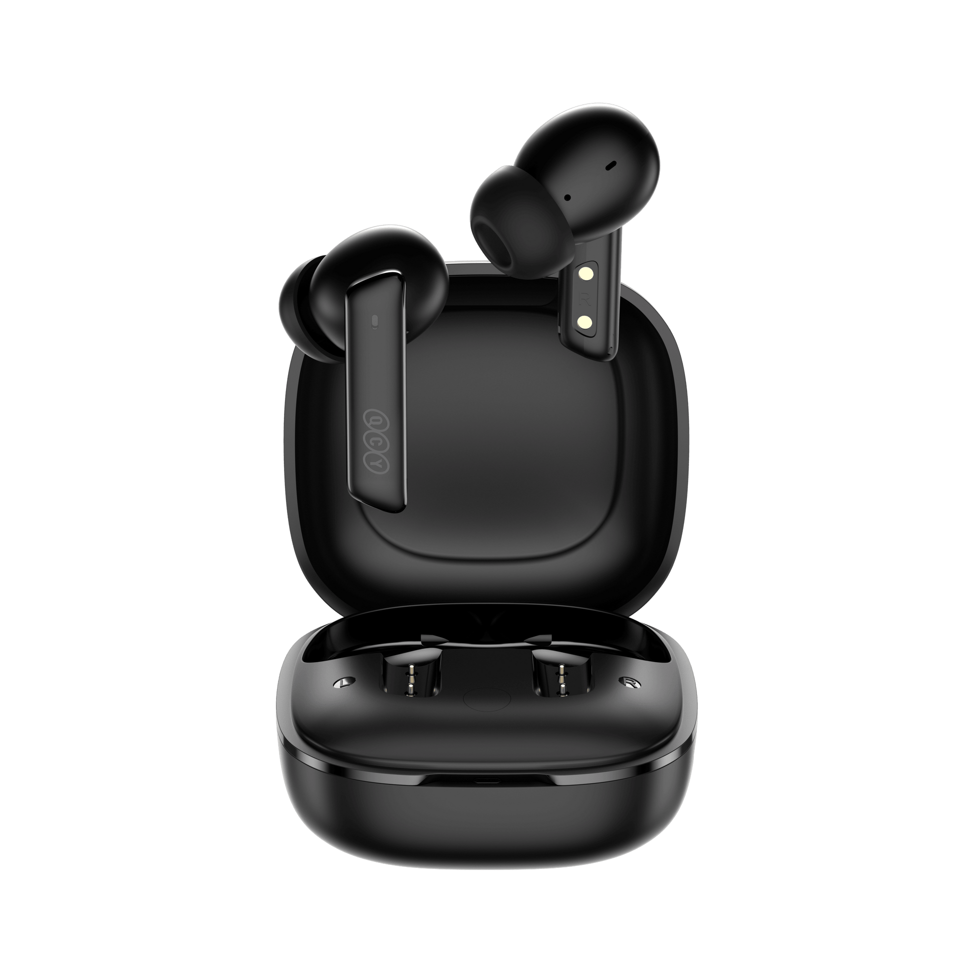Auriculares QCY MeloBuds ANC negros con estuche de carga abierto, diseño elegante sobre fondo blanco.