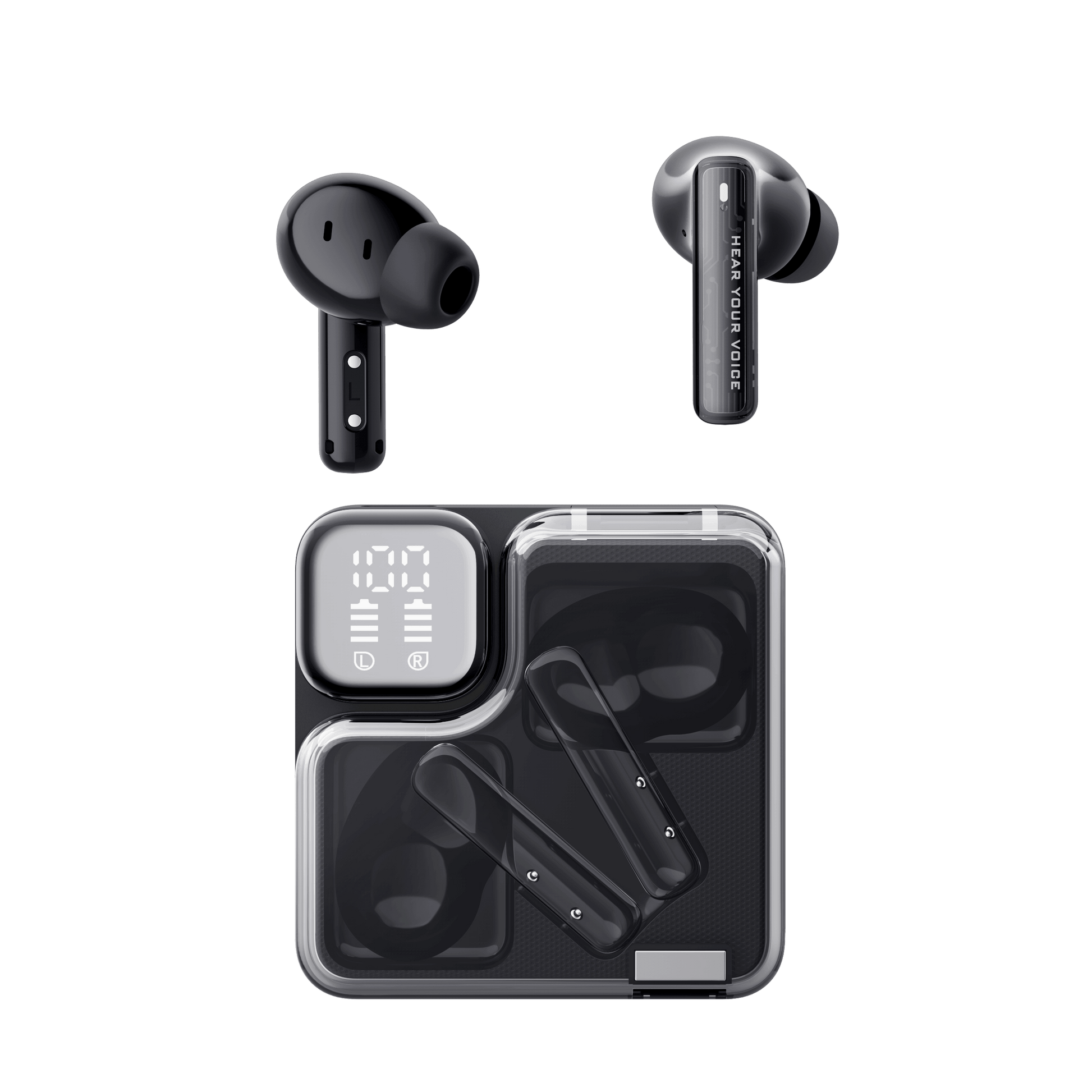 Black QCY MeloBuds Neo earbuds with "Hear Your Voice" text, shown with clear case and digital display.