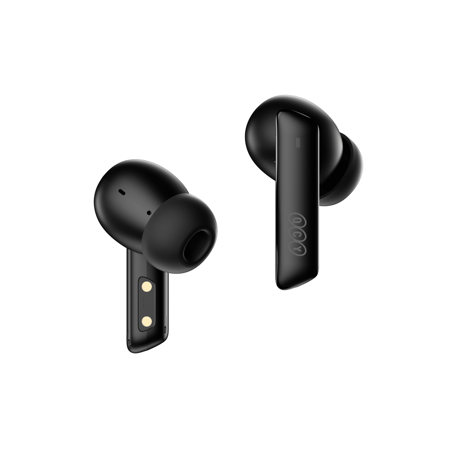 Auriculares ANC QCY MeloBuds negros, diseño delgado y compacto sobre fondo blanco.