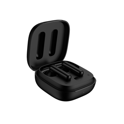 Black QCY T13 ANC charging case with lid open at 45-degree angle, diagonal view showing earbuds inside