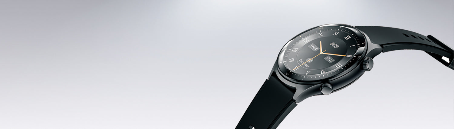 Reloj inteligente con correa negra y números romanos, reloj moderno con pantalla digital y diseño elegante.