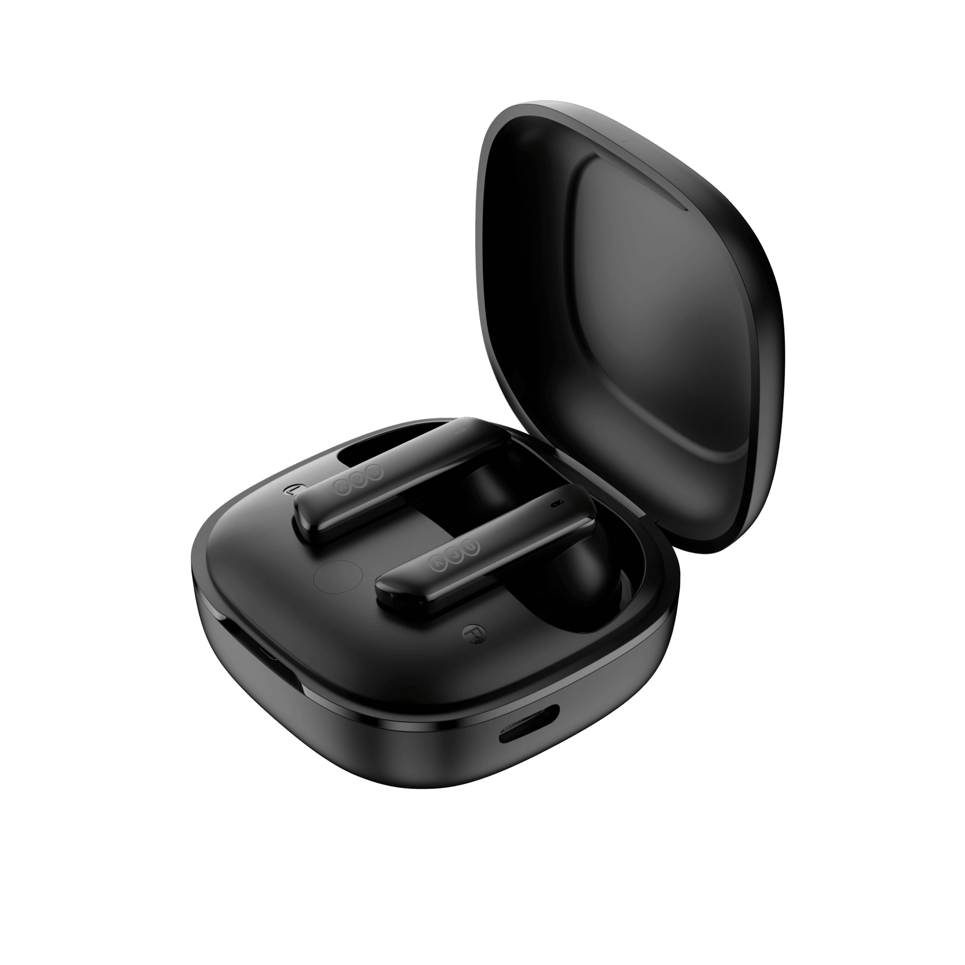 Auriculares QCY MeloBuds ANC negros en estuche de carga abierto, diseño elegante sobre fondo blanco.