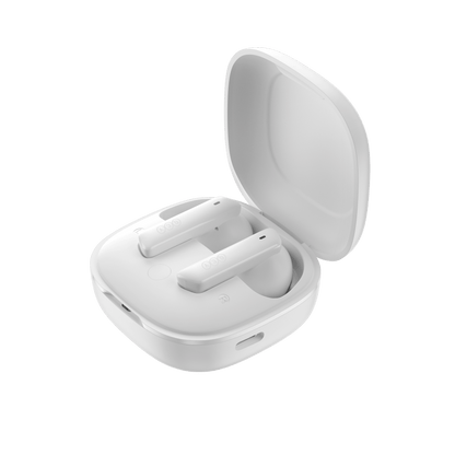 Auriculares QCY MeloBuds ANC blancos en estuche de carga abierto, diseño elegante sobre fondo blanco.