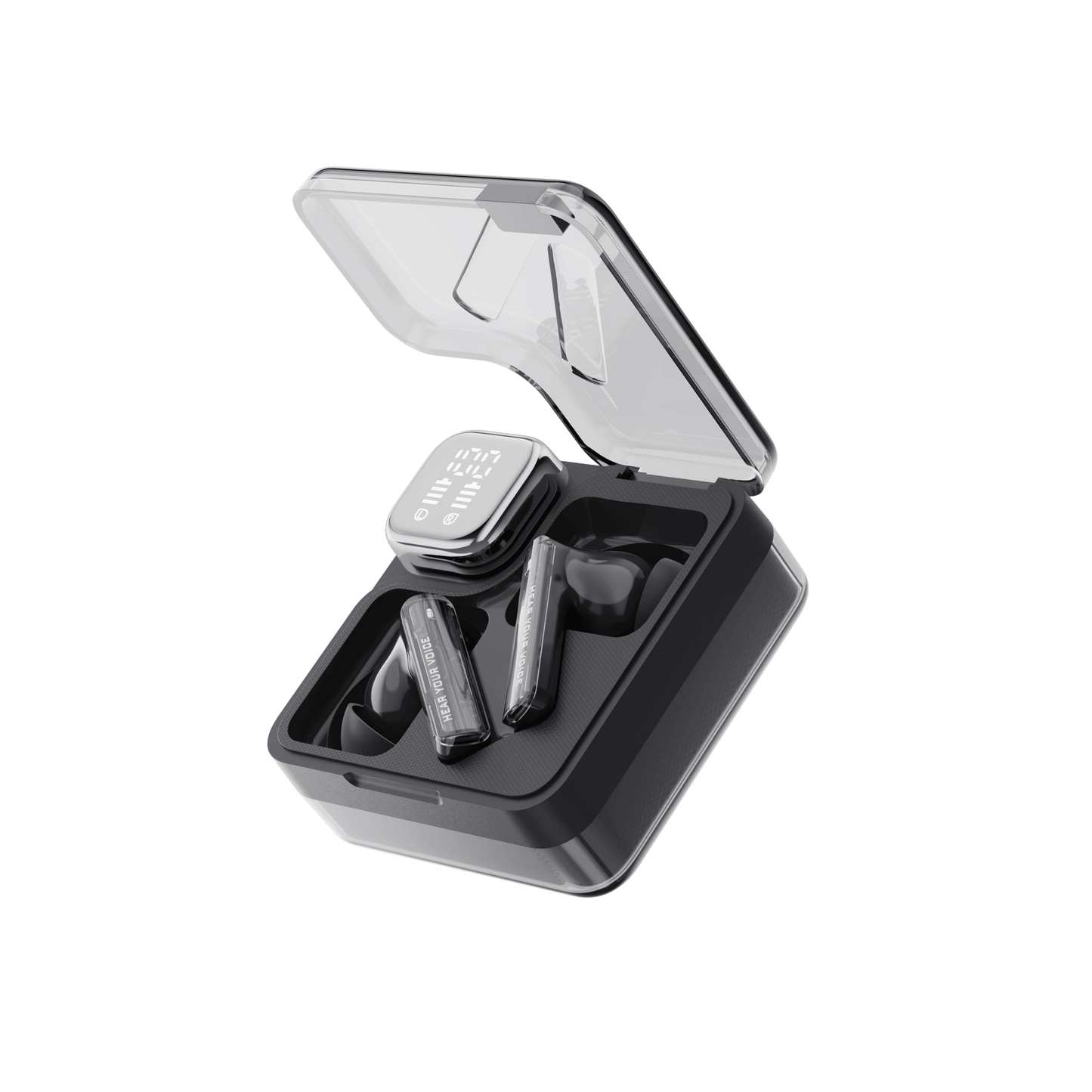 Black QCY MeloBuds Neo earbuds in open clear case with digital display, "Hear Your Voice" text visible.