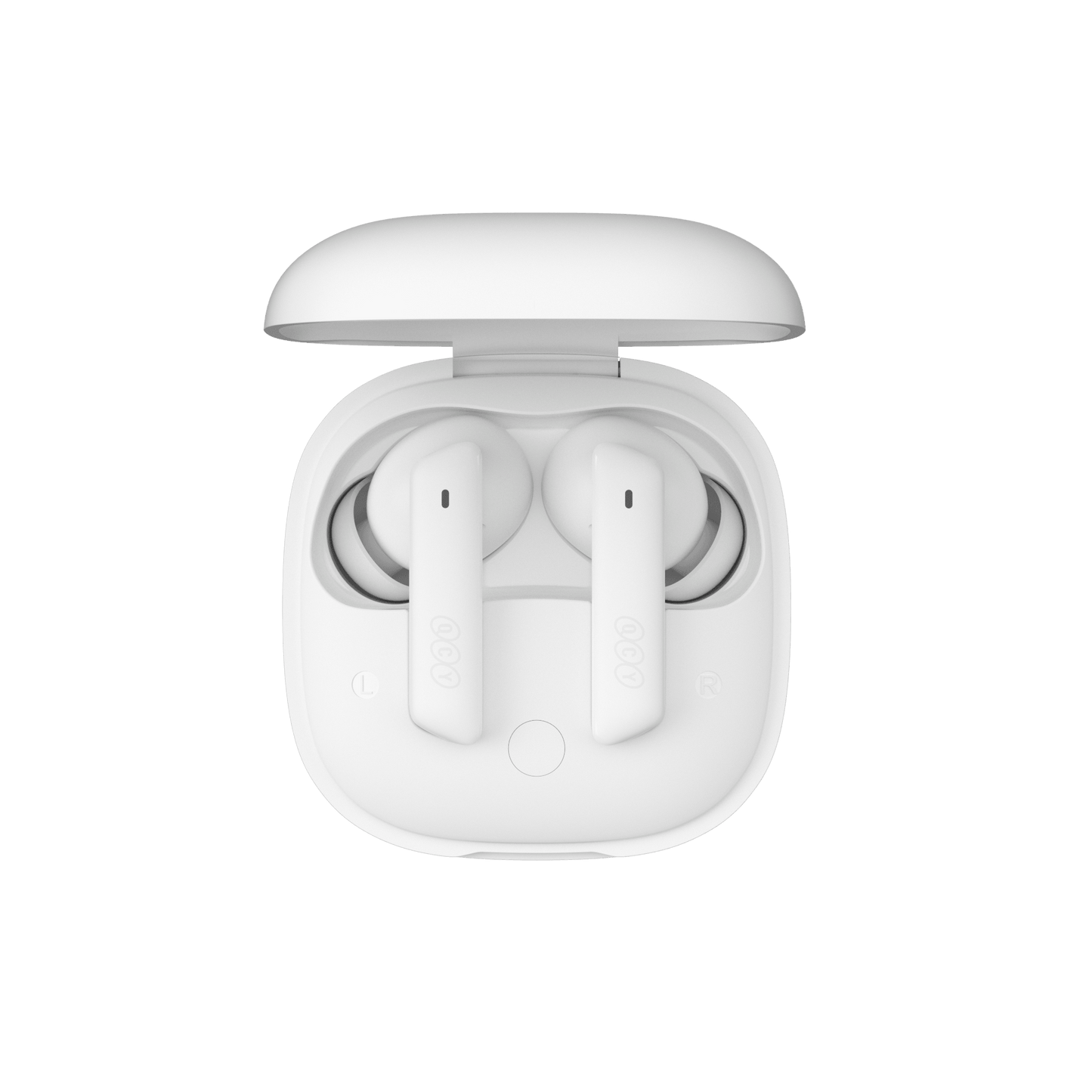 Auriculares QCY MeloBuds ANC blancos en estuche de carga abierto, vista superior, diseño elegante sobre fondo blanco.