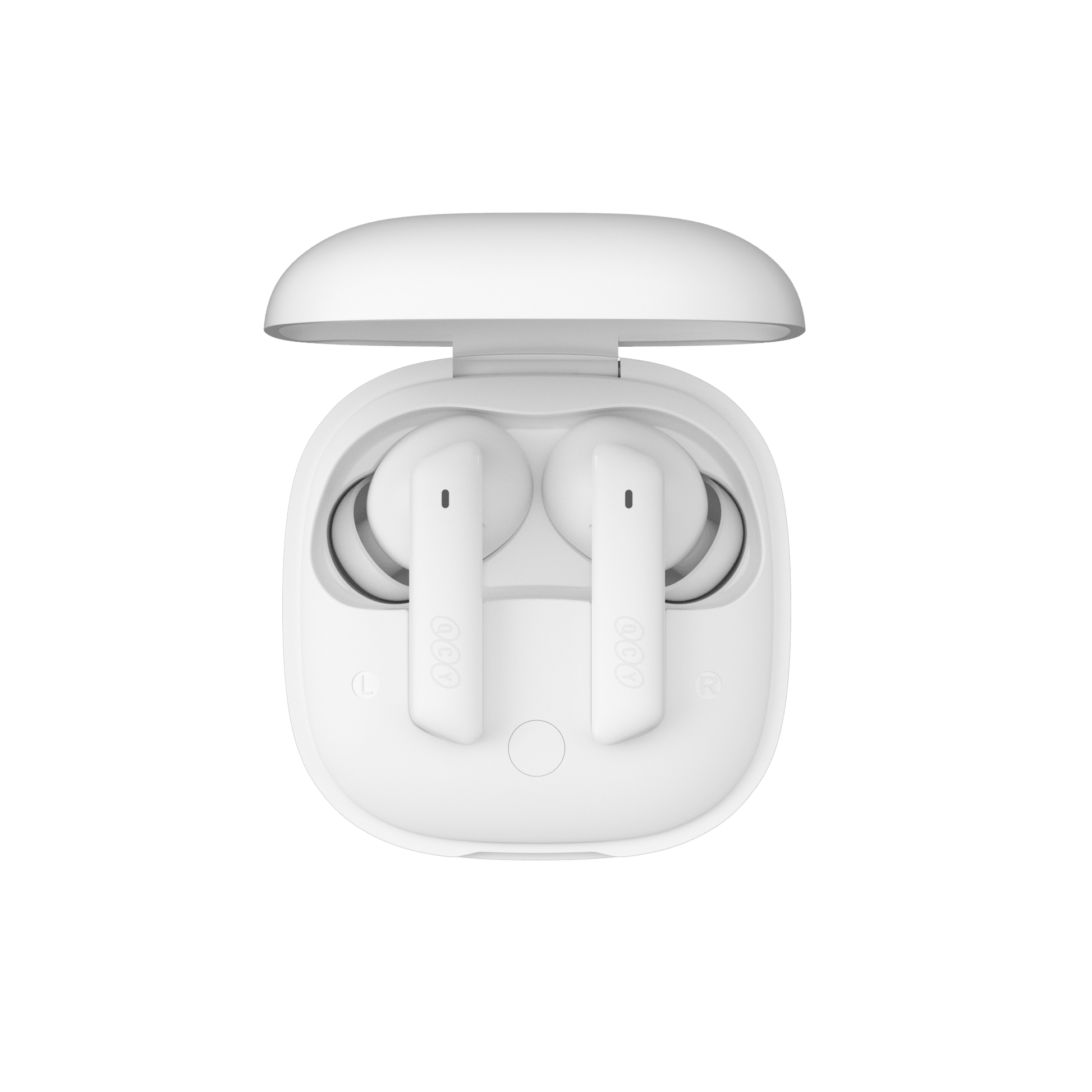 Auriculares QCY MeloBuds ANC blancos en estuche de carga abierto, vista superior, diseño elegante sobre fondo blanco.
