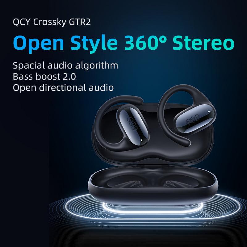 Black QCY Crossky GTR2 earbuds in charging case, highlighting open style 360° stereo and bass boost features