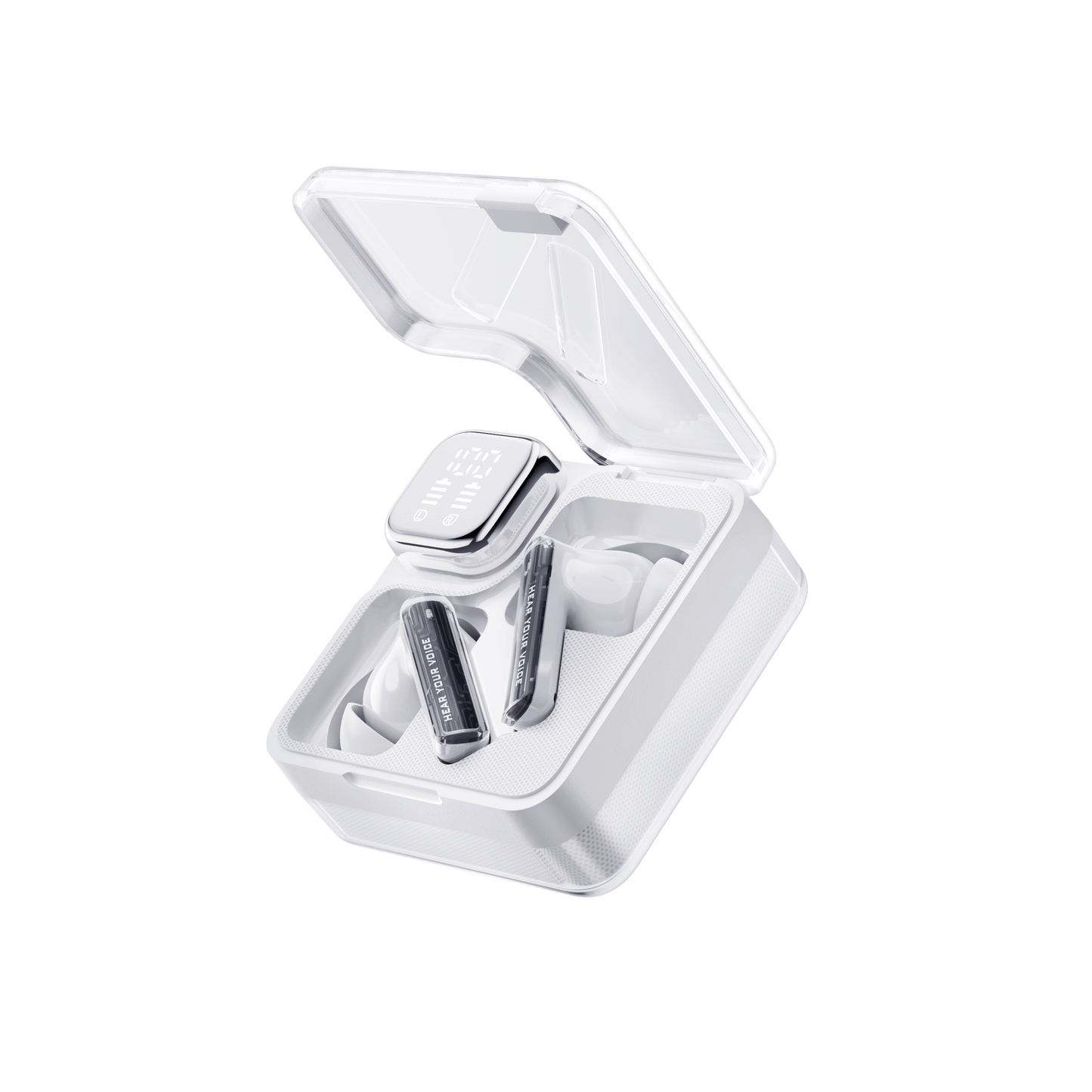 Black QCY MeloBuds Neo earbuds in open clear case with digital display, "Hear Your Voice" text visible.