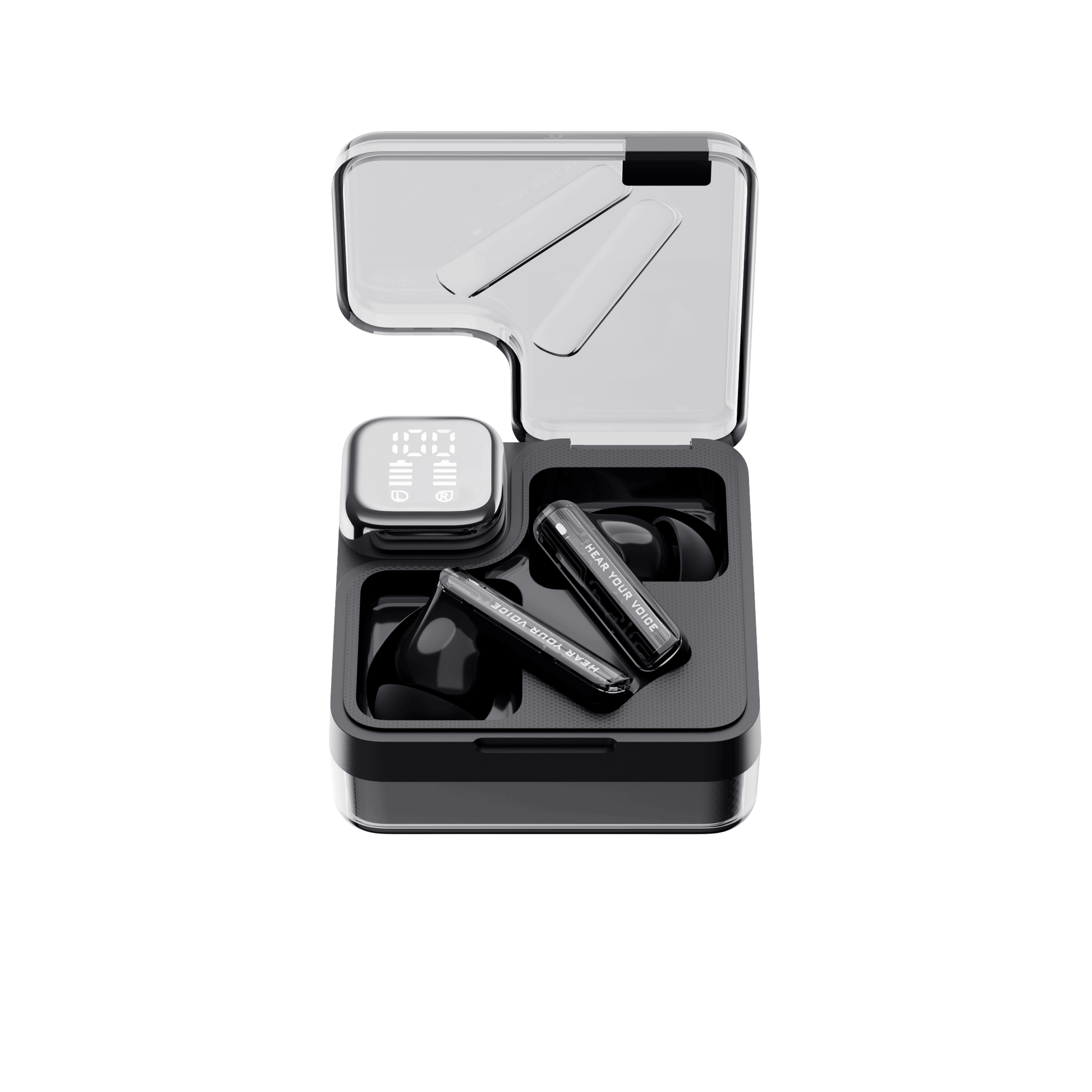 Black QCY MeloBuds Neo earbuds in open clear case with display, angled view, "Hear Your Voice" text visible.