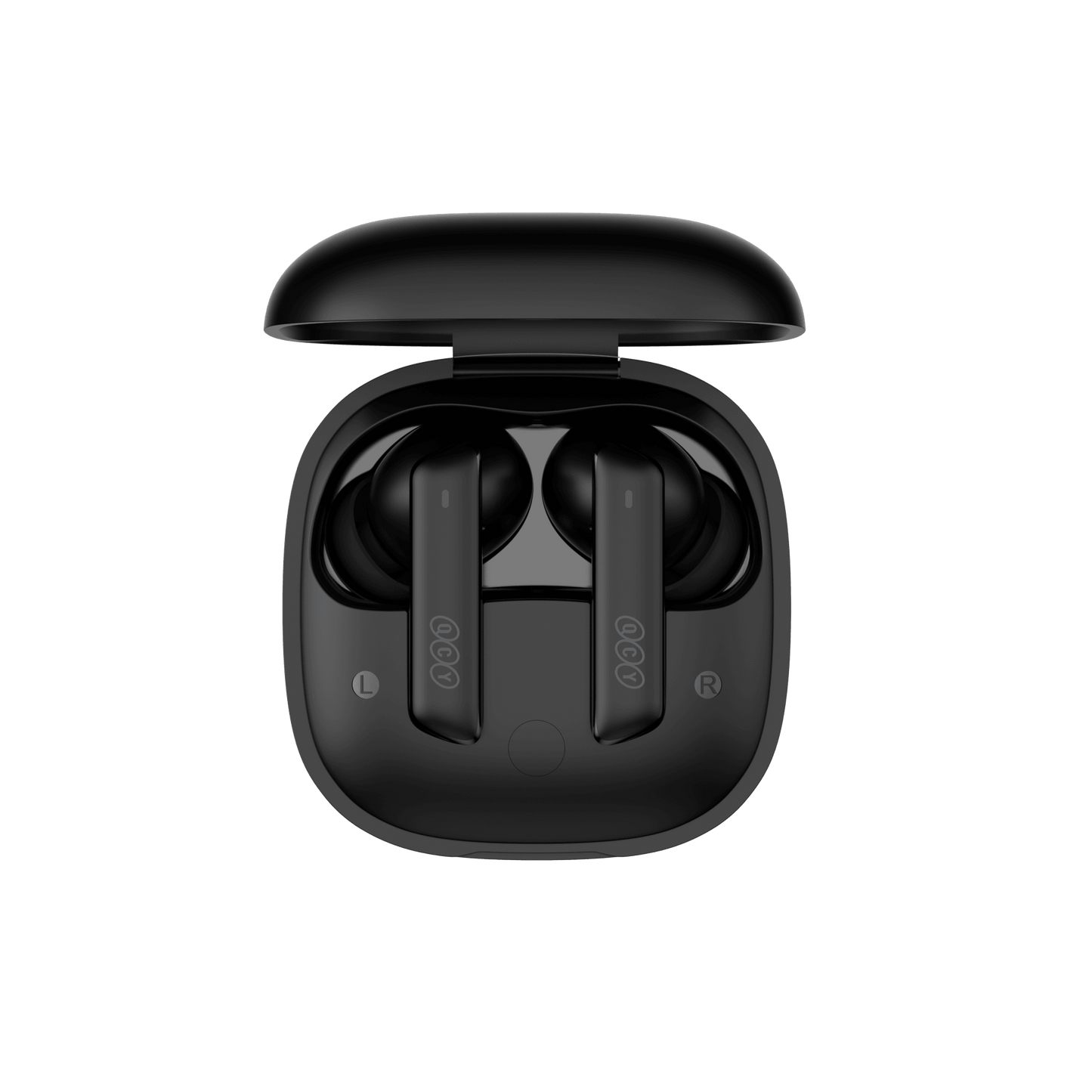 Auriculares ANC QCY MeloBuds negros en estuche de carga abierto, vista superior, diseño elegante sobre fondo blanco.