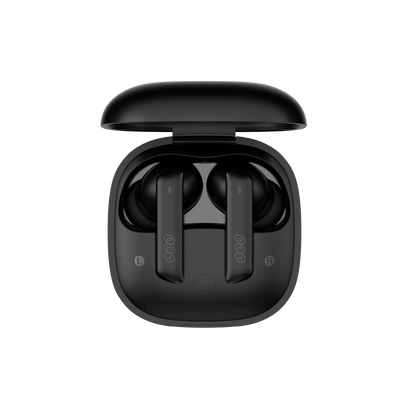 Auriculares ANC QCY MeloBuds negros en estuche de carga abierto, vista superior, diseño elegante sobre fondo blanco.