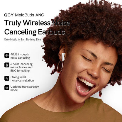 Auriculares negros QCY MeloBuds ANC con cancelación de ruido de 40 dB, 6 micrófonos, reducción de ruido del viento y modo de transparencia actualizado.