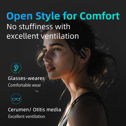 White QCY Crossky GTR2 earbuds worn by model, highlighting open style for comfort and ventilation for glasses wearers