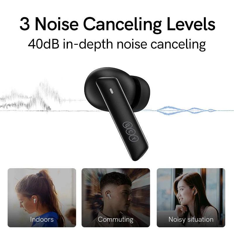 Auriculares QCY MeloBuds ANC negros con cancelación de ruido de 40 dB y 3 niveles para interiores, desplazamientos y entornos ruidosos.