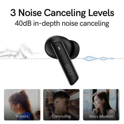 Auriculares QCY MeloBuds ANC negros con cancelación de ruido de 40 dB y 3 niveles para interiores, desplazamientos y entornos ruidosos.