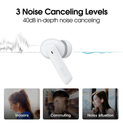 Auriculares QCY MeloBuds ANC blancos con cancelación de ruido de 40 dB y 3 niveles para interiores, desplazamientos y entornos ruidosos.