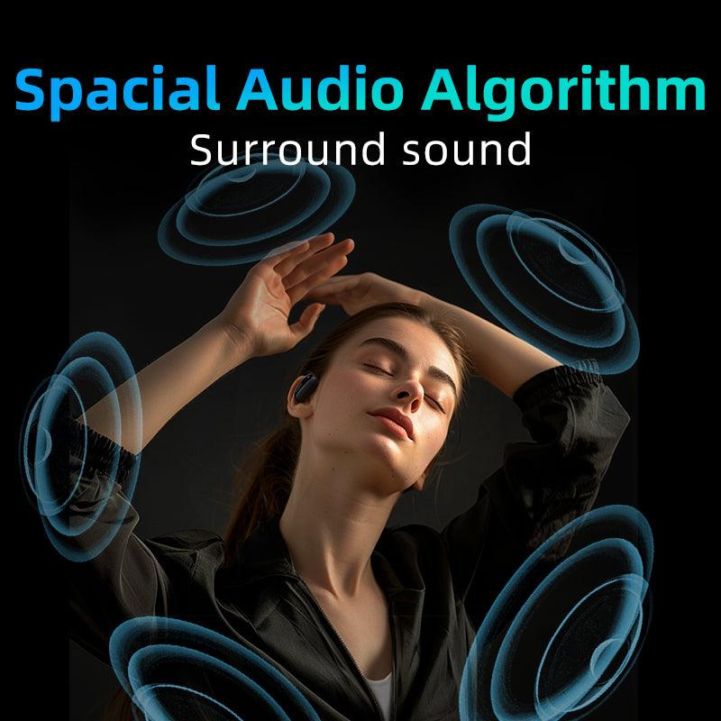 White QCY Crossky GTR2 earbud worn by model, highlighting spatial audio algorithm for surround sound experience