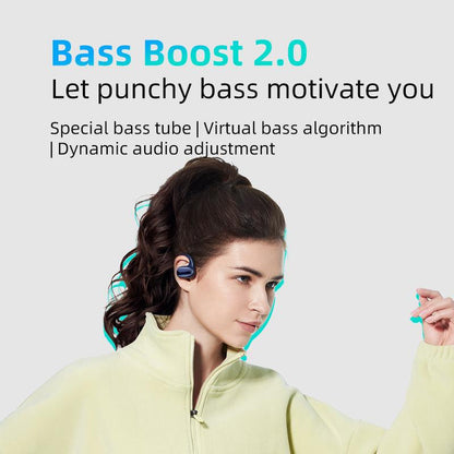Black QCY Crossky GTR2 earbud worn by model, highlighting Bass Boost 2.0 for punchy bass and dynamic audio adjustment
