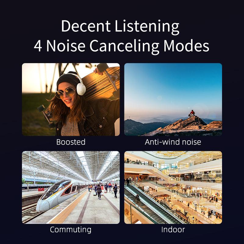 Auriculares QCY H3 blancos con 4 modos de ruido: Potenciado, Protección contra viento, Pendular, Interior, mostrados en diferentes escenarios.