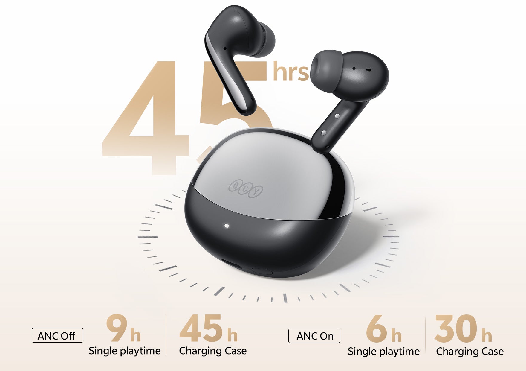 Auriculares inalámbricos QCY con ANC: 9 h de duración de batería, 45 h con estuche de carga. Negro, ergonómico, para música y llamadas.