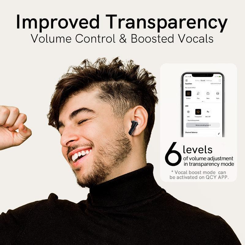 Auriculares QCY MeloBuds ANC negros con transparencia mejorada, 6 niveles de volumen y reproducción de voz reforzada, mostrados en el modelo con interfaz de aplicación.