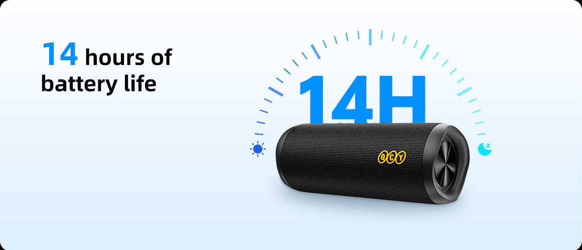 Altavoz Bluetooth QCY con 14 horas de duración de batería. Negro, compacto, ideal para llevar.