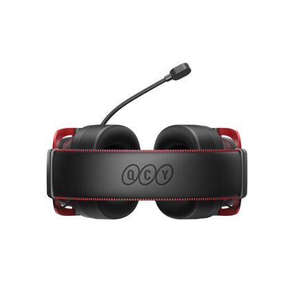 Auriculares para juegos QCY Heroad VT200 Edición Tri-Mode con micrófono y acentos rojos, negro y rojo, vista frontal