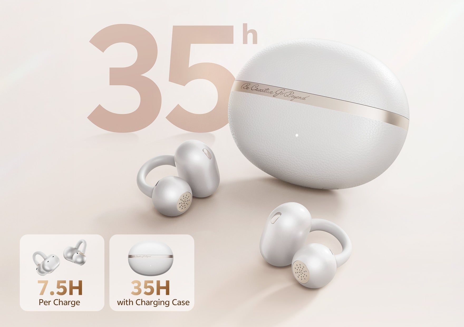 Auriculares inalámbricos blancos con estuche de carga – 35 horas de duración de batería, diseño ergonómico.