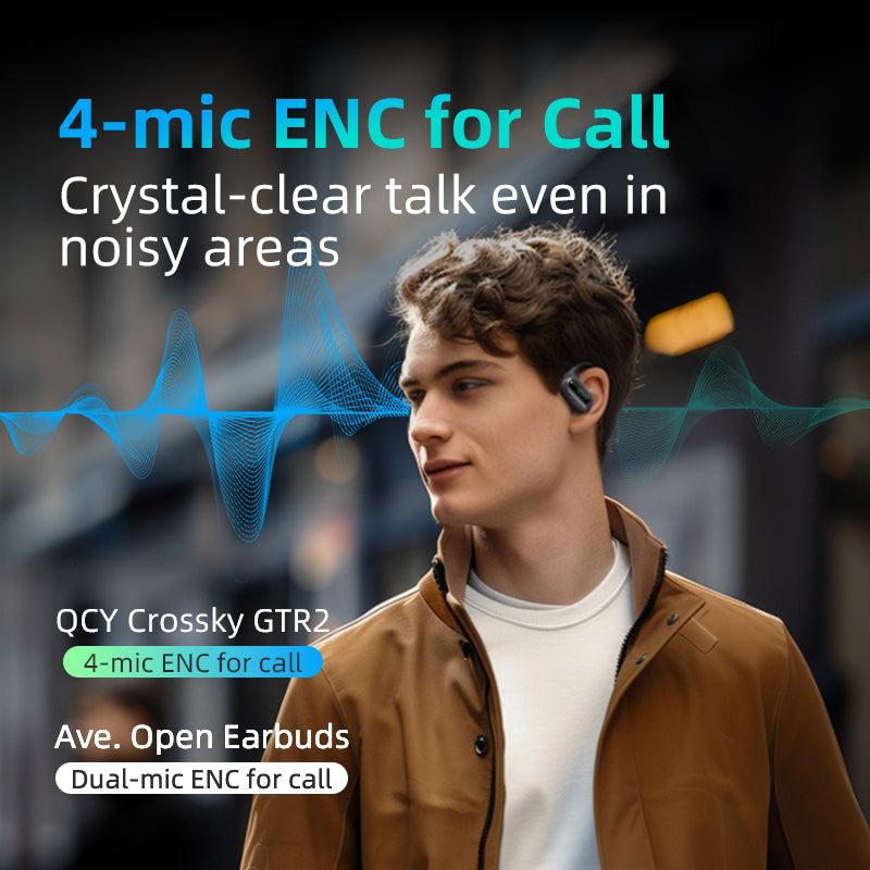 White QCY Crossky GTR2 earbud worn by model, highlighting 4-mic ENC for crystal-clear calls in noisy areas