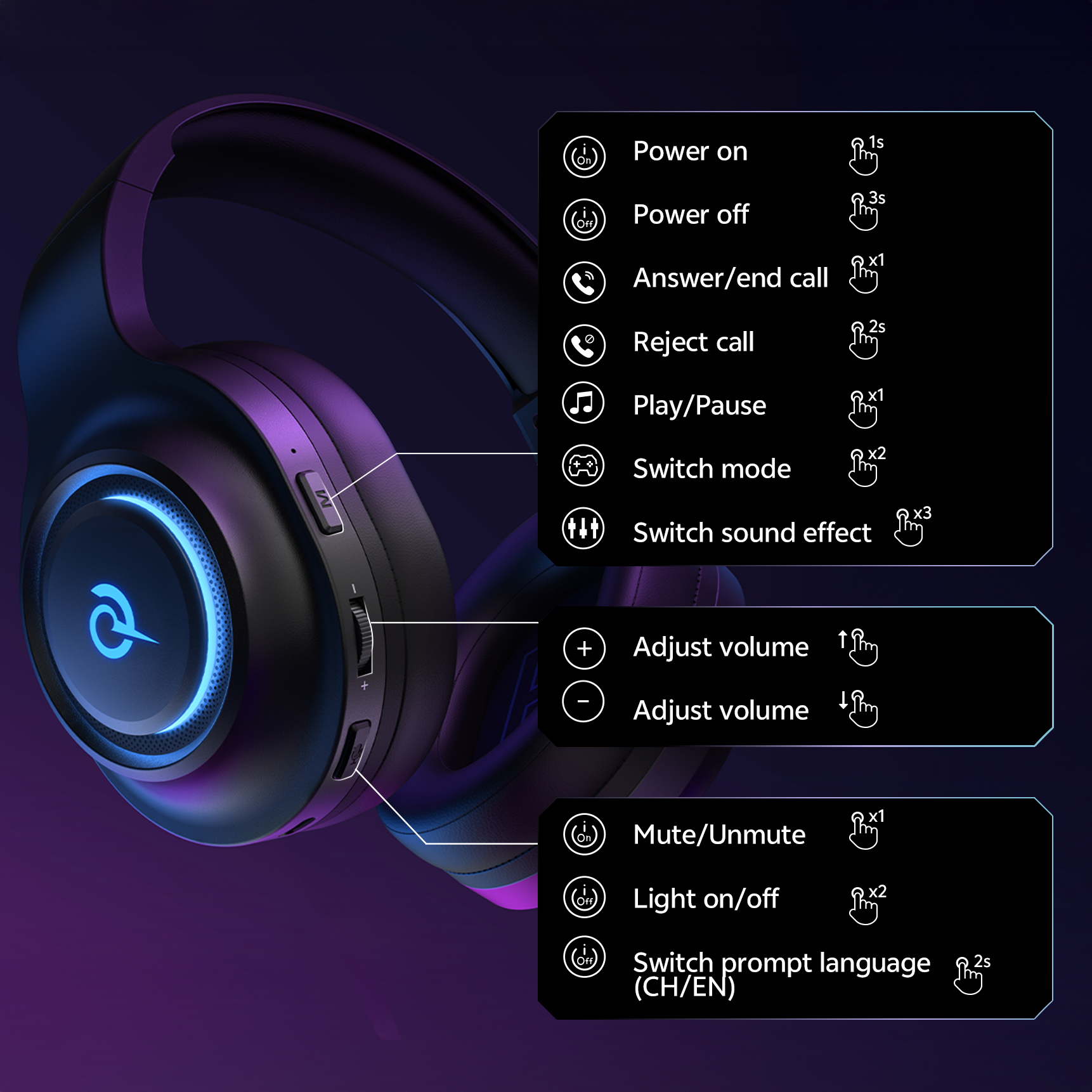 Auriculares para juegos con iluminación RGB, control táctil y selección de voz.