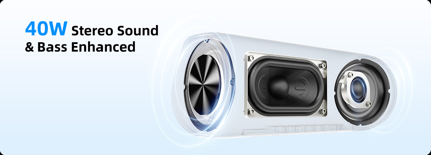 Altavoces estéreo de 40W con refuerzo de graves.