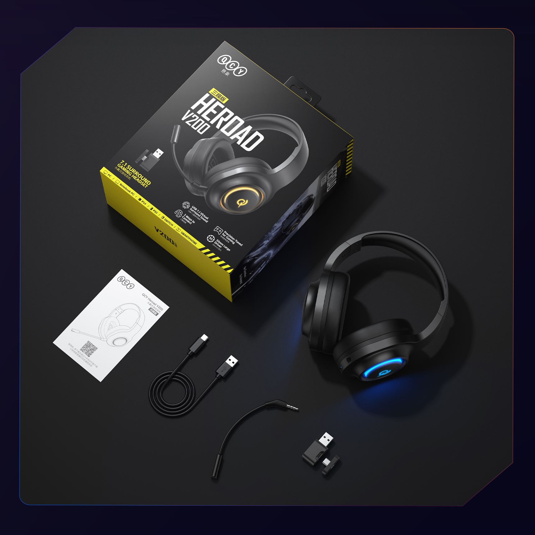 Auriculares para juegos QCY V200 con sonido envolvente 7.1, luz LED azul y conexión USB.