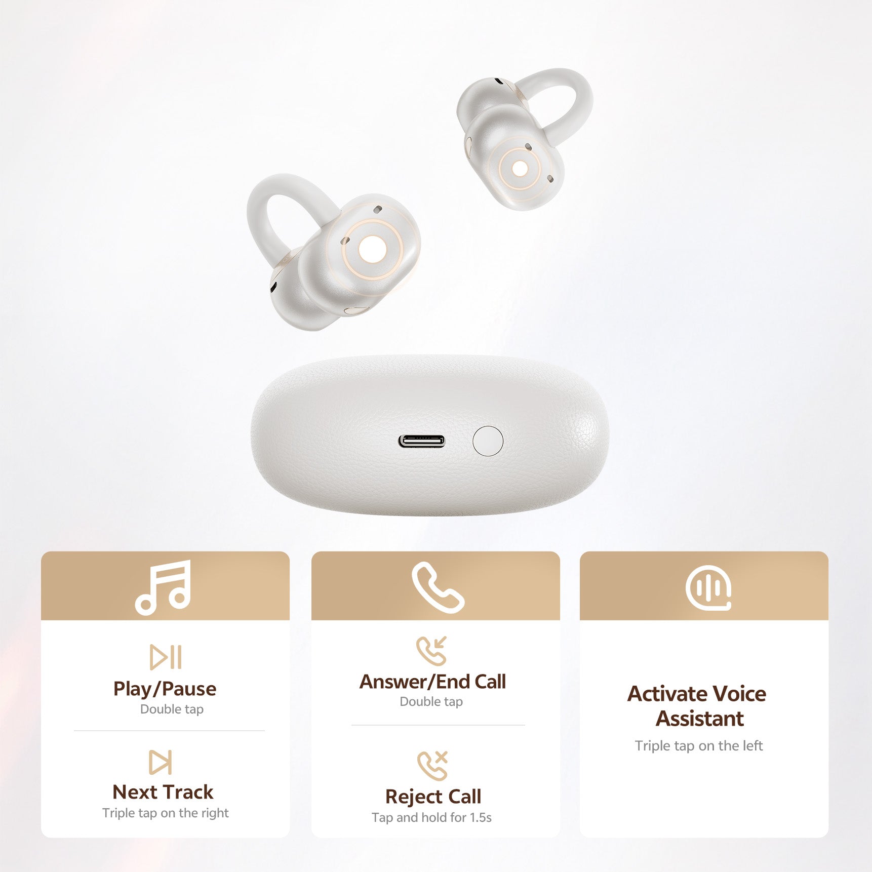 Auriculares inalámbricos blancos con estuche de carga: control táctil para música, llamadas y asistente de voz.