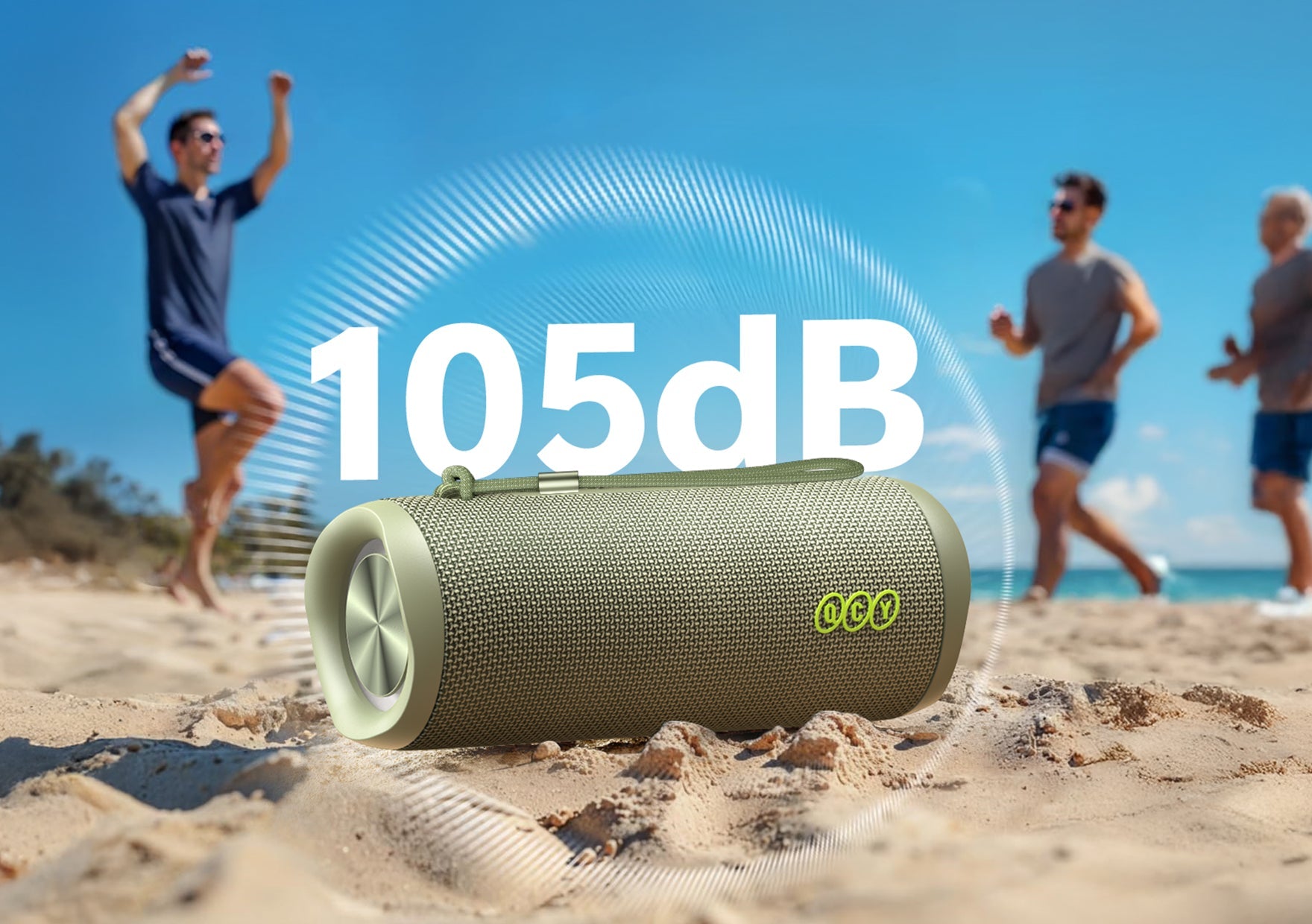 Altavoz Bluetooth Ocy 105dB en la arena, fiesta en la playa con amigos, diseño resistente para uso al aire libre