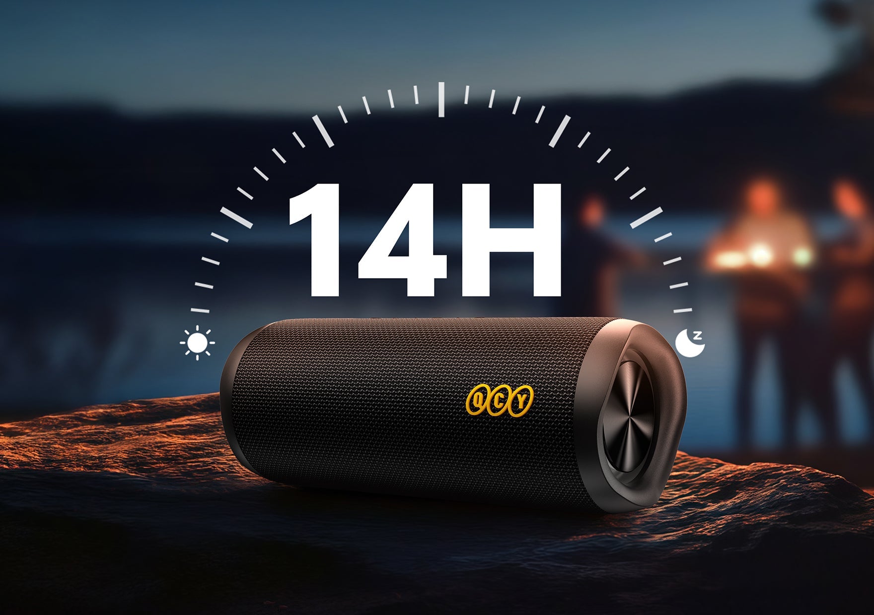 Altavoz Bluetooth portátil QCY con 14 horas de duración de batería, negro, para uso al aire libre.